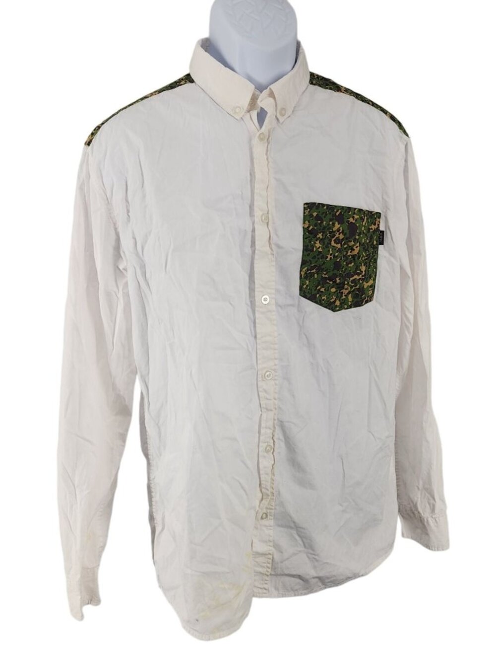 Men's WESC Superlative Conspiracy Camouflage Camo White Button Down Large